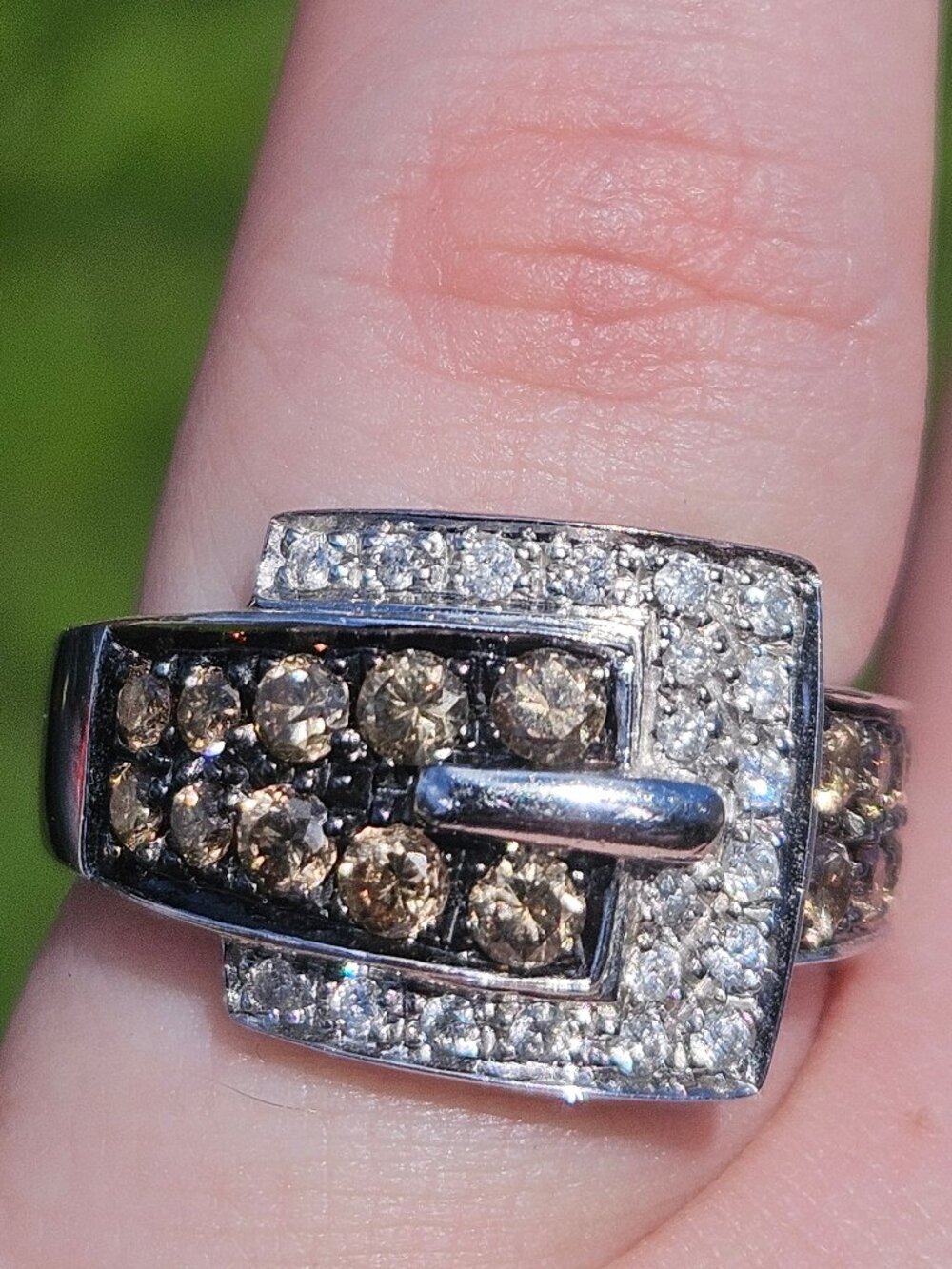 14K White Gold Brown & White Diamond Belt Buckle Cocktail Statement Ring Size 7